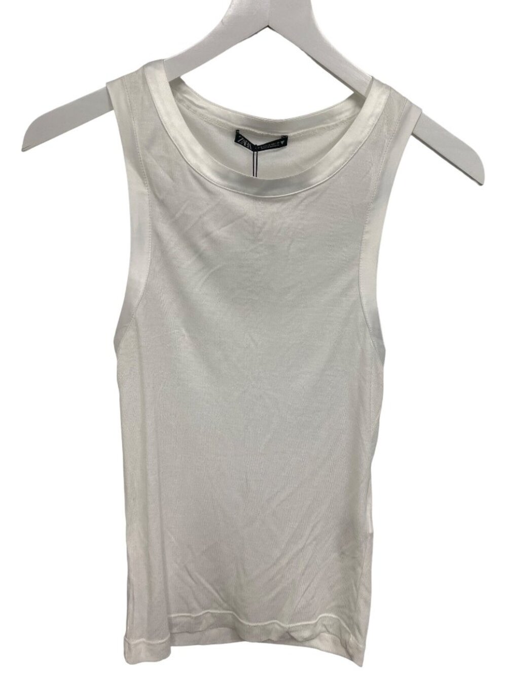 Zara White Ribbed Tank Top With Silky Trim Detail